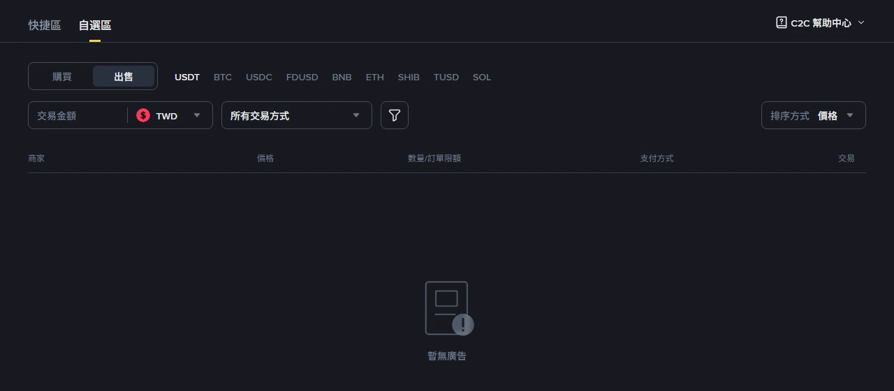 幣安 C2C 繁體中文頁面,出售分頁、幣種 USDT、法幣 TWD,廣告列表顯示「暫無廣告」