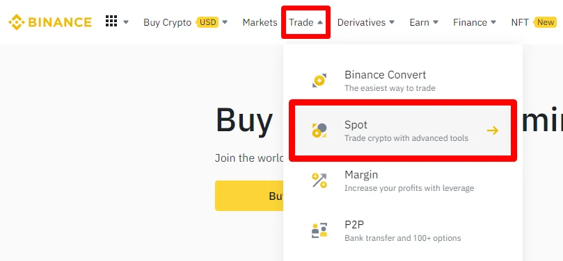 Binance 官方介面中從 Trade 選單進入 Spot 的畫面