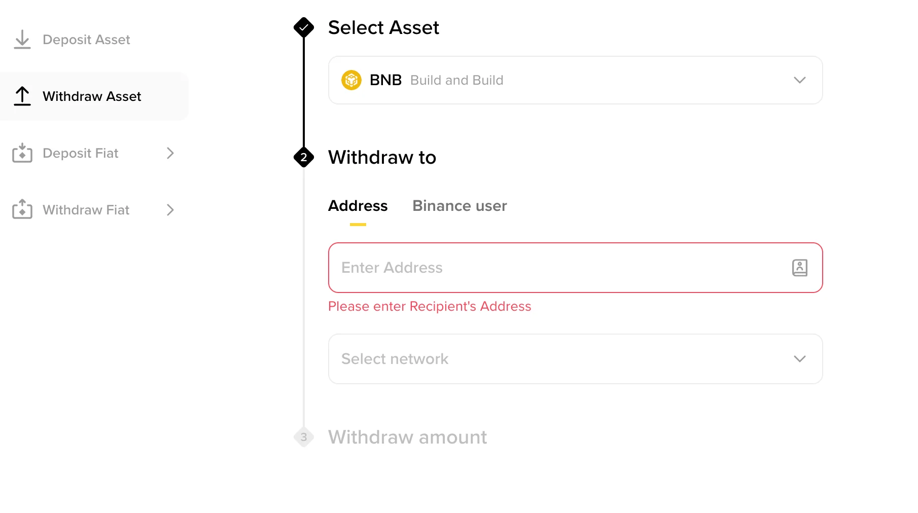 Binance Academy 官方提領示例：左側選取 Withdraw Asset，右側依序顯示資產、收款地址與網路欄位；示例資產為 BNB，地址未填