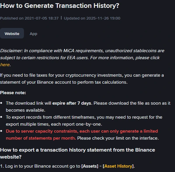 Binance सहायता पेज "How to Generate Transaction History", जिसमें 7 दिन की लिंक अवधि और मासिक सीमा लिखी है