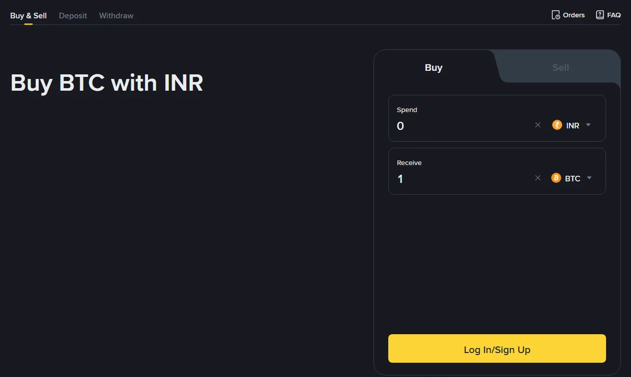 Binance की Buy BTC with INR पेज, जिसमें बिना लॉगिन किए Spend 0 INR दिखता है और नीचे Log In/Sign Up बटन है