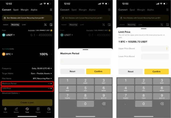 幣安官方常見問題的 App 示意圖:定期兌換表單的 Target Wallet 顯示 Earn - Flexible Assets,紅框標出 Maximum Period 與 Limit Price,右側兩格為這兩項的輸入畫面