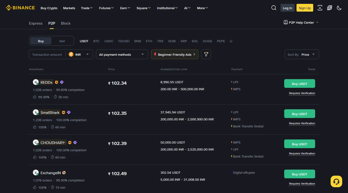 Binance P2P की सार्वजनिक INR मार्केट स्क्रीन, जिसमें USDT खरीदने के विज्ञापन, कीमत, ऑर्डर लिमिट और UPI/IMPS जैसे भुगतान विकल्प दिखते हैं