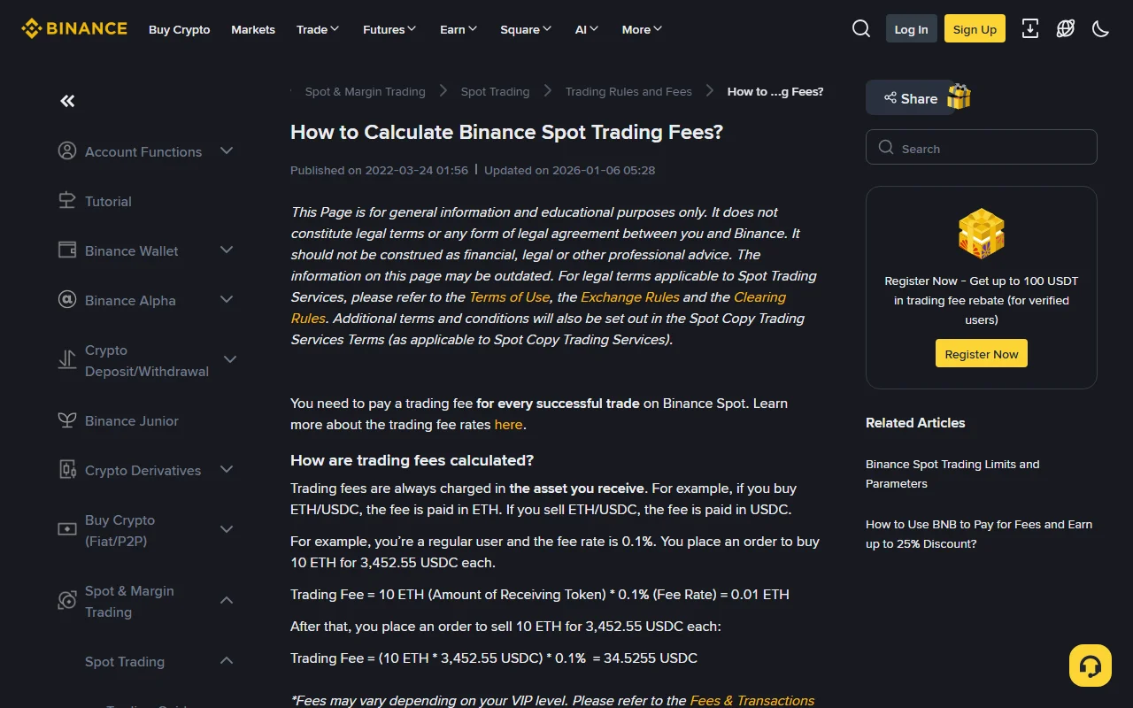 Binance का official FAQ पेज "How to Calculate Binance Spot Trading Fees?", जिसमें लिखा है कि trading fees हमेशा receiving asset में ली जाती हैं और 3,452.55 USDC भाव पर 10 ETH की खरीद पर 0.1% rate से fee 0.01 ETH निकाली गई है