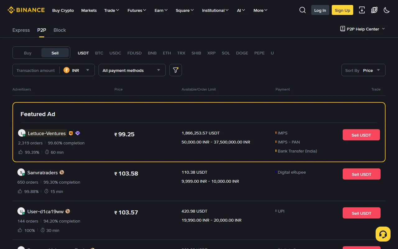 Binance P2P पर INR में USDT बेचने का पन्ना, सबसे ऊपर पीले फ़्रेम वाला Featured Ad ₹99.25 पर और उसके नीचे सामान्य विज्ञापन ₹103.58 और ₹103.57 पर