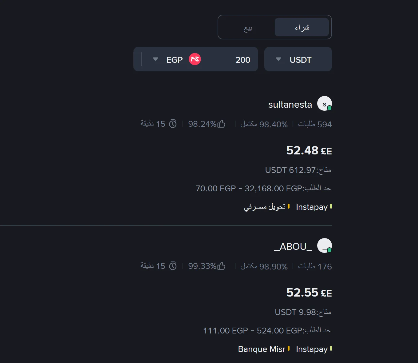 قائمة Binance P2P لسوق الجنيه المصري بعد كتابة 200 في خانة مبلغ المُعاملة: إعلان بسعر 52.48 جنيه بحد طلب يبدأ من 70.00 جنيهًا، وإعلان بسعر 52.55 جنيه يبدأ من 111.00 جنيهًا