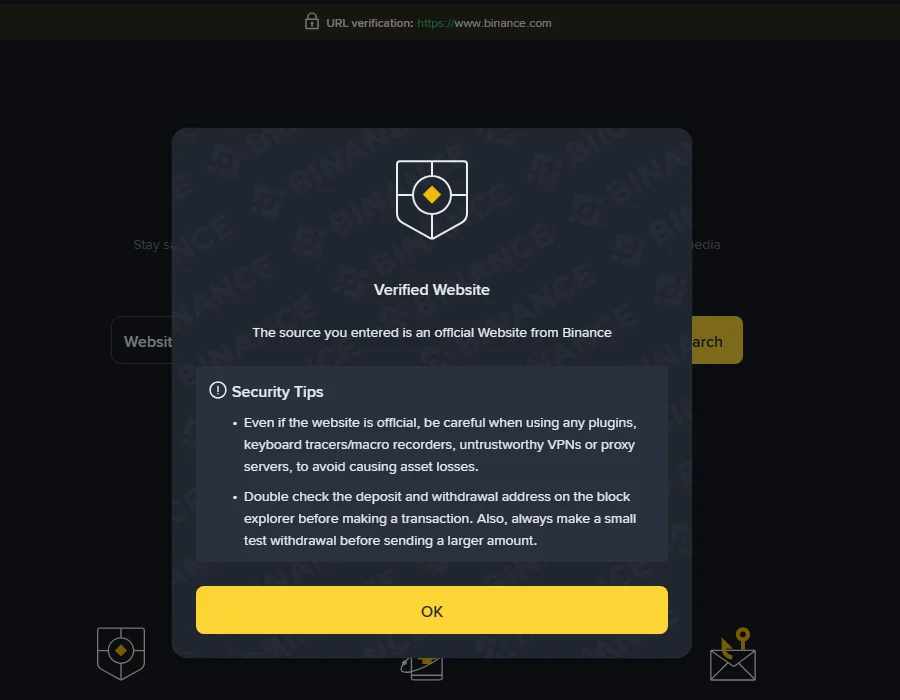 Binance Verify पर www.binance.com की जांच का नतीजा — Verified Website वाला पॉपअप और उसमें छोटी test withdrawal की सलाह