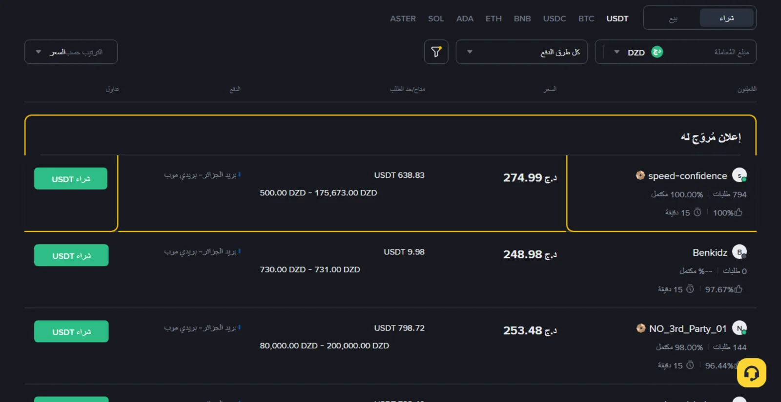 سوق الدينار الجزائري على Binance P2P: جميع الإعلانات الظاهرة تقبل «بريد الجزائر - بريدي موب» فقط، والإعلان المُروّج له بسعر 274.99 دينار يعلو إعلانًا بسعر 248.98 دينار