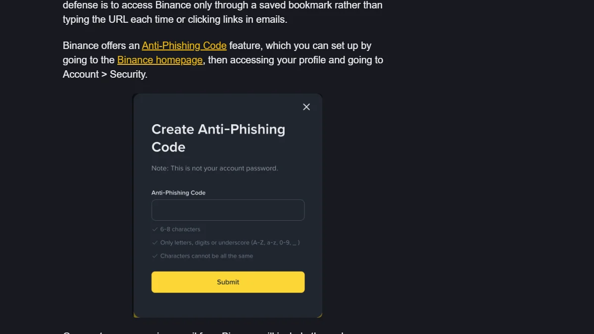 نافذة Create Anti-Phishing Code في دليل Binance Academy الرسمي، ويظهر حقل الرمز فارغاً وزر Submit من دون بيانات حساب شخصية