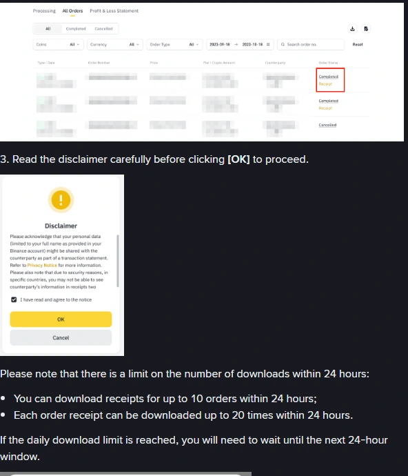 Binance की सहायता पेज पर P2P रसीद डाउनलोड करने के चरण, डिस्क्लेमर पॉपअप और 24 घंटे की डाउनलोड सीमा