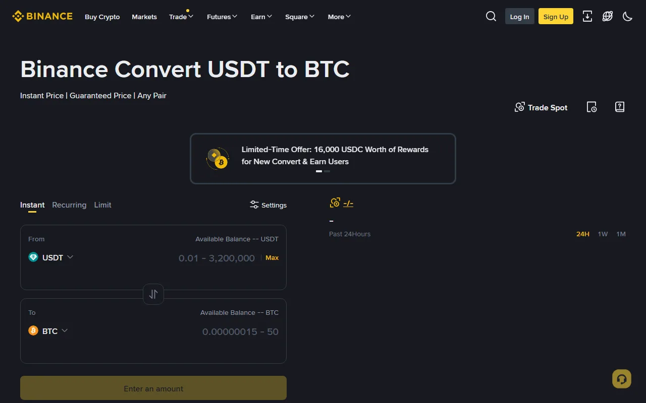 Binance 公開 Convert 介面,顯示 USDT 轉 BTC 與 Instant、Recurring、Limit 模式,未顯示私人餘額