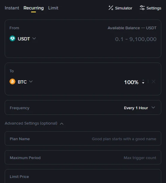 बिना login के Binance English Convert page का Recurring tab: From में USDT और एक execution की range 0.1 - 9,100,000, To में BTC 100%, Frequency Every 1 Hour, नीचे Advanced Settings में Plan Name, Maximum Period और Limit Price fields (2026-09-13 screenshot)