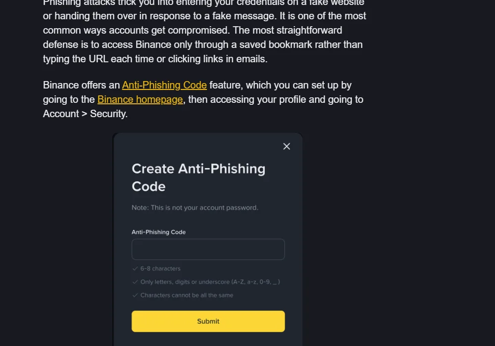 Binance Academy 公開指南的 Create Anti-Phishing Code 視窗,防釣魚碼欄位空白,未顯示個人資料
