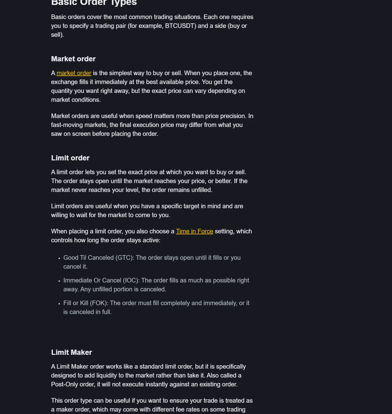 Binance Academy 官方訂單類型頁,說明 Market Order 與 Limit Order 的成交方式