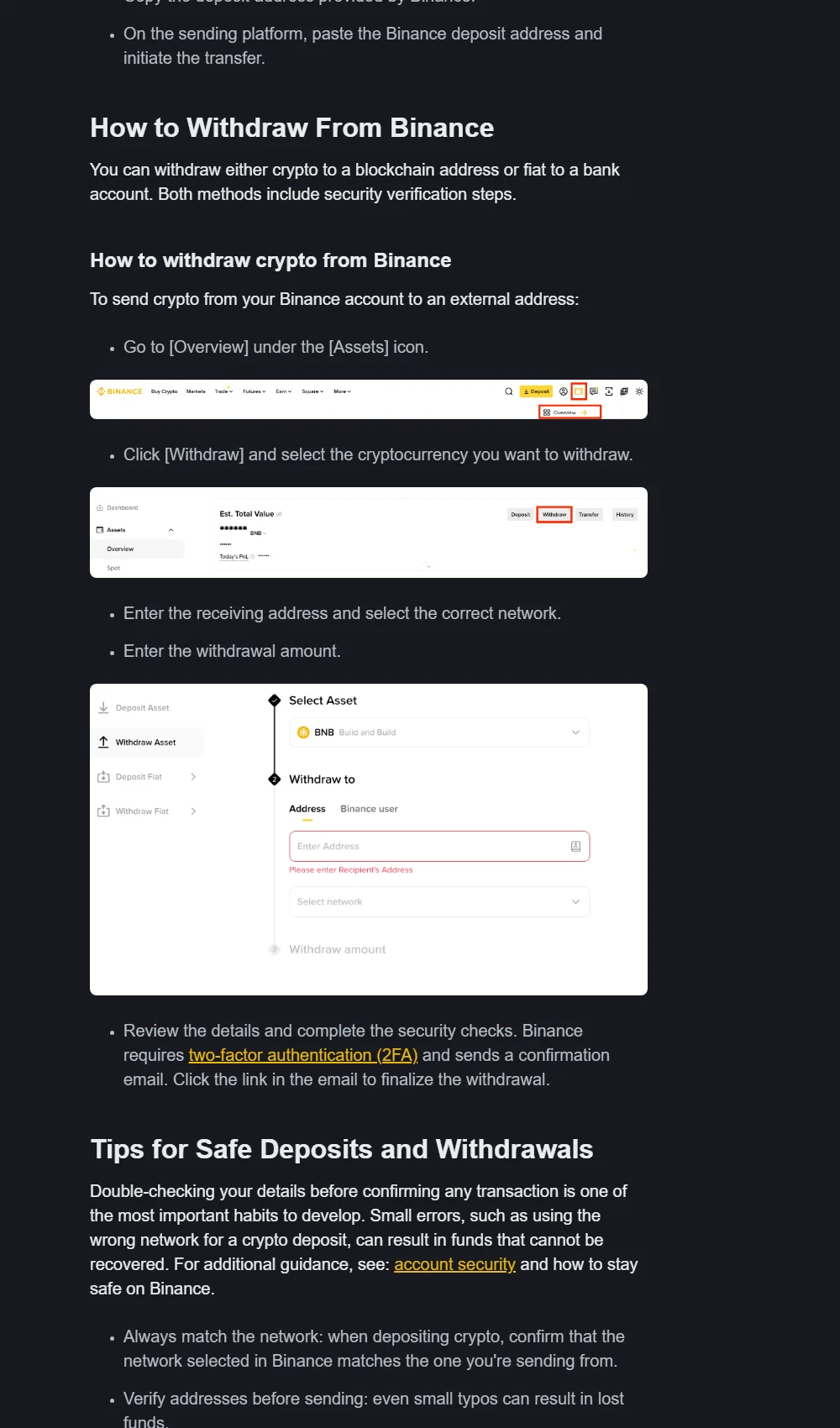 Binance Academy 官方提領指南,顯示 Assets Overview、Withdraw 按鈕、資產、收款地址與網路選擇步驟