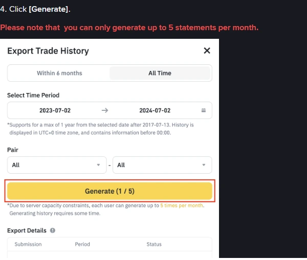Binance सहायता पेज पर Export Trade History पॉपअप और महीने में पांच स्टेटमेंट की सीमा