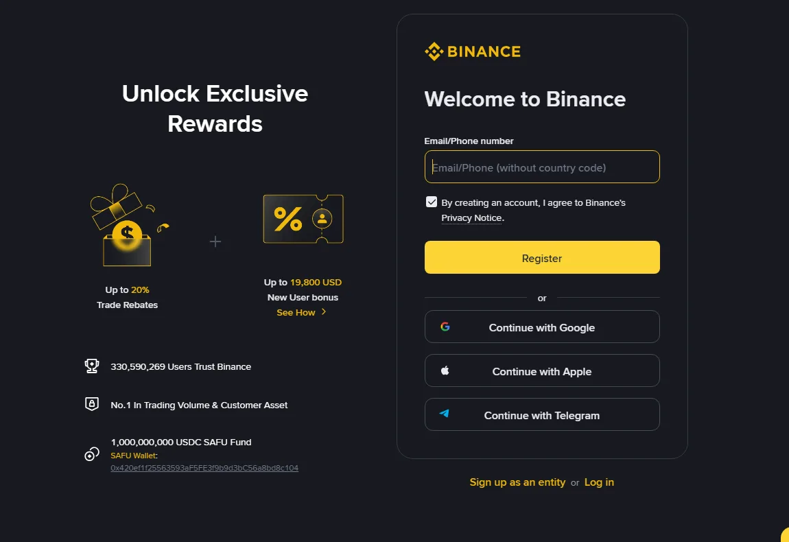 Binance का India (en-IN) registration पेज: बाईं ओर "Up to 20% Trade Rebates" और "Up to 19,800 USD New User bonus", दाईं ओर Email/Phone वाला पहला स्टेप और Google/Apple/Telegram से sign-up के विकल्प
